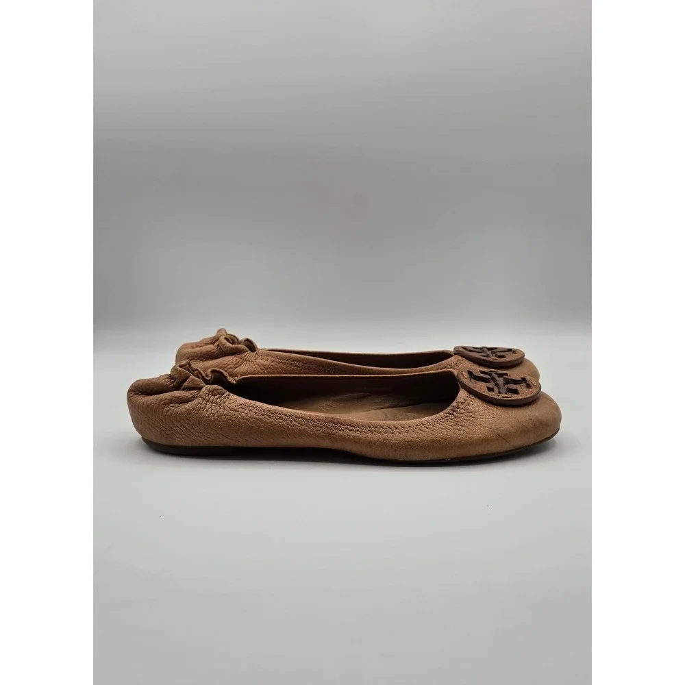 Tory Burch Reva Women Flats Sz 7 Tan Tumbled Leather Ballet Logo